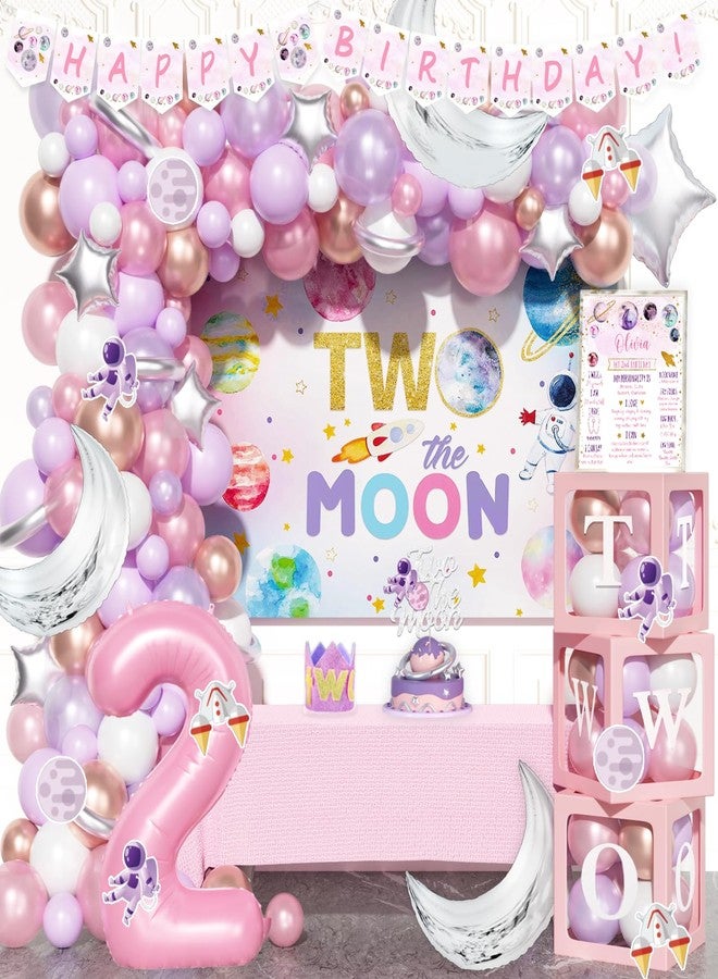Fiesec Two The Moon Birthday Decorations Girl, 136 PCs Outer Space 2nd Party Decorations Backdrop Balloon Garland Arch Banner Cake Topper Box Cutout Crown Poster Astronaut Spaceman Rocket Pink - Image 1